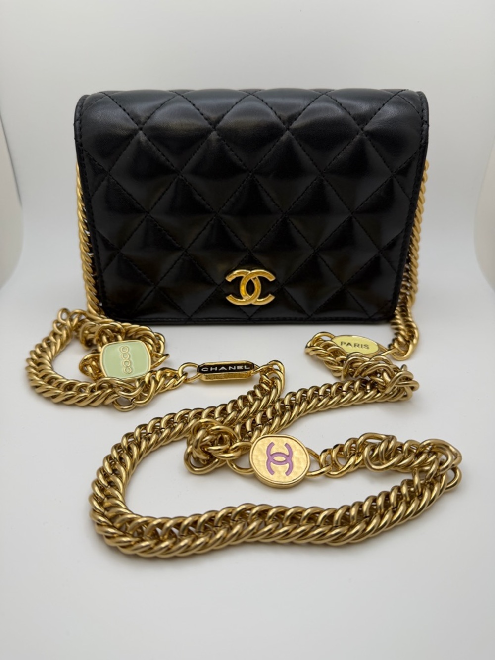 CHANEL Black Quilted Lambskin Crossbody with Gold Chain Accents- Chip- FULL SET